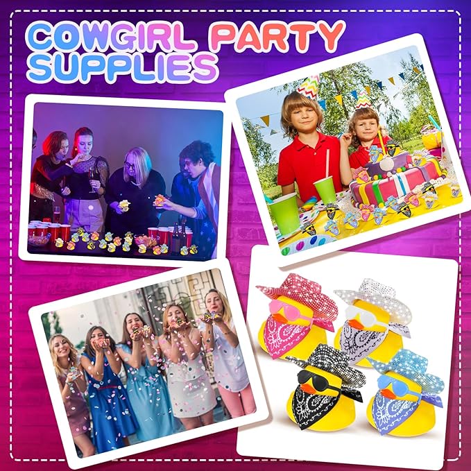 Hanaive 24 Sets Cowboy Rubber Duck Light up Mini Holographic Space Disco Hat Scarf Sunglasses Graduation Light up Bath Toys Bathtub Accessories Baby Shower Birthday Supplies(Bling Style)
