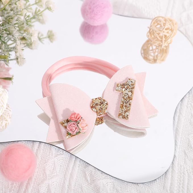 Birthday Girl bow for Baby Girls - 1st Birthday Pink Bow Headdress,Gold Glitter Birthday Bow Headband Flowers,Photo Props