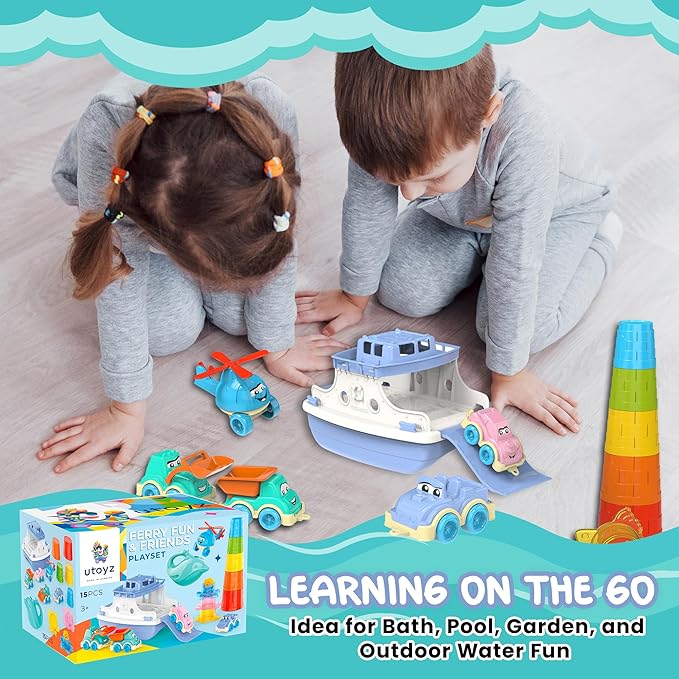Ferry Fun & Friends – 15pcs & Baby Bath Toys with Ferry Boats, Cars for Bathtub, Trucks, Helicopter, Stacking Cups & Toy Animals, Toddler Bath Toys for 1 Year Old, Toddler Pool Boat Baby Toy