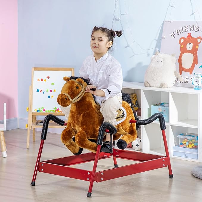 Qaba Kids Spring Rocking Horse, Ride on Horse for Girls and Boys with Animal Sounds, Plush Animal Ride-on Toy with Soft Feel, Interactive Toy for Kids, Light Brown