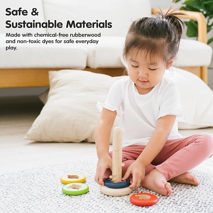 PlanToys® Twist & Sort Wooden Stacking Toy for Toddlers | Montessori Fine Motor Toy with Twistable Rod & Colorful Rings | Eco-Friendly Educational Puzzle for Kids Ages 2+