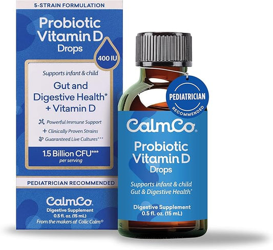 CalmCo Probiotic Vitamin D Drops - Supports Infant & Child Gut Health, Helps Reduce Gas, Colic & Fussiness, Baby Probiotic Drops with Vitamin D3, Pediatrician Recommended, Unflavored, 15ml (Pack of 1)