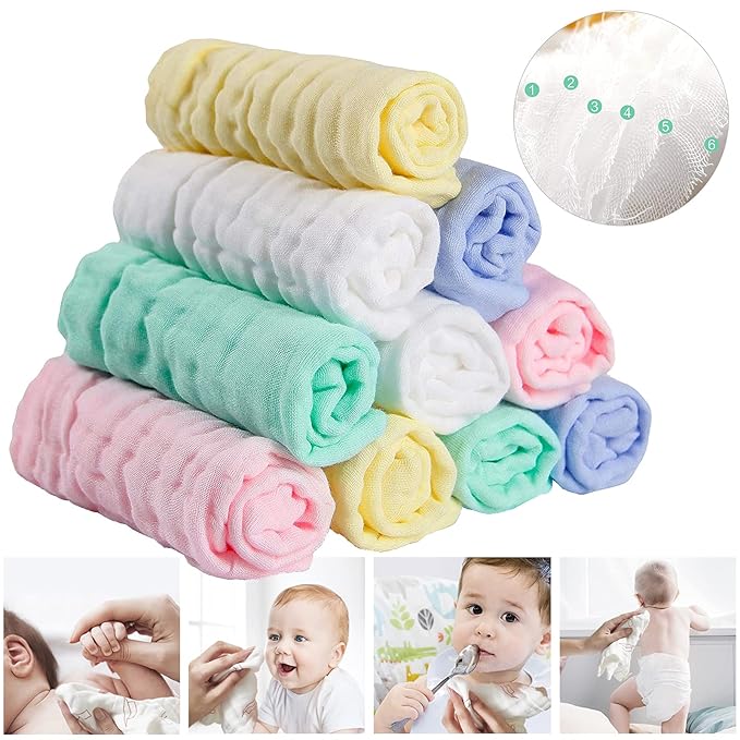 Soft Newborn Essentials - Muslin Washcloths & Towels for Sensitive Skin - 10 Pack, 10x10 Inches - Baby Register Shower Gift