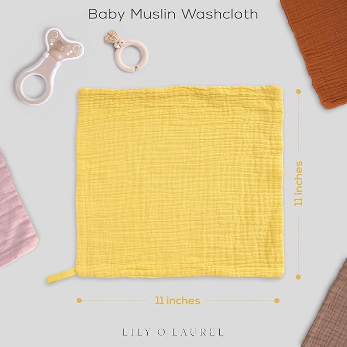 Muslin Baby Washcloths for Newborns, Pack of 8, 11"x11", Super Soft Cotton, Absorbent and Gentle, Baby Cotton Wipes, Baby wash Cloths