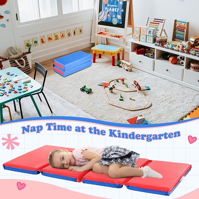Marsui Folding Kids Nap Mats for Preschool Daycare 4 Section Folding Rest Mats Daycare Sleeping Mat for Kid 2 Inch Thick Portable Resting Floor Sleep Mat Baby Changing Pad for Kindergarten(Red,Blue)