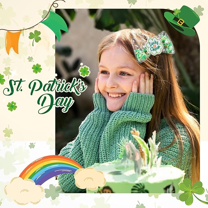 CN 6PCS St Patricks Day Hair Bows for Girls, 3.5 Inch Green Lucky Shamrock Alligator Hair Clips, Clover Hair Accessories for Girls Toddler Kids Teens Children