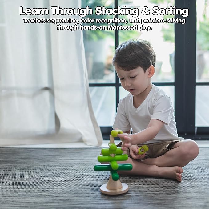 PlanToys® Montessori Wooden Tree Stacking Toy | Educational Color Sorting & Fine Motor Skill Playset for Toddlers | Sustainable & Safe Wooden Learning Toy