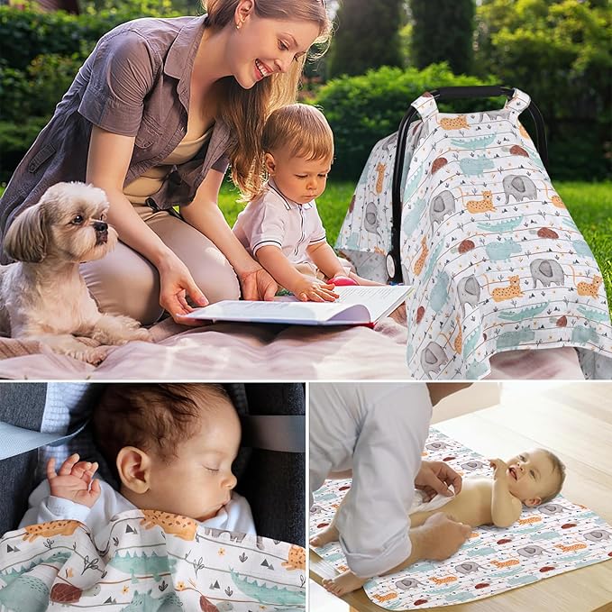 Metplus Car Seat Cover Baby boy, 100% Muslin Cotton Infant Carseat Covers, Lightweight Breathable Car Seat Canopy, Summer Stroller Sun Shade, Newborn Travel Essentials(Animal Party)