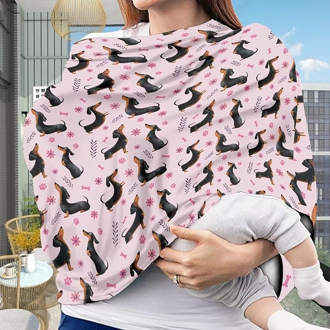 AFPANQZ Dachshund Floral Design Nursing Covers for Newborns Baby Car Seat Covers for Baby Girls, All Season Baby Carseat Canopy Cover Ups Breastfeeding Scarves Breathable Baby Shower s