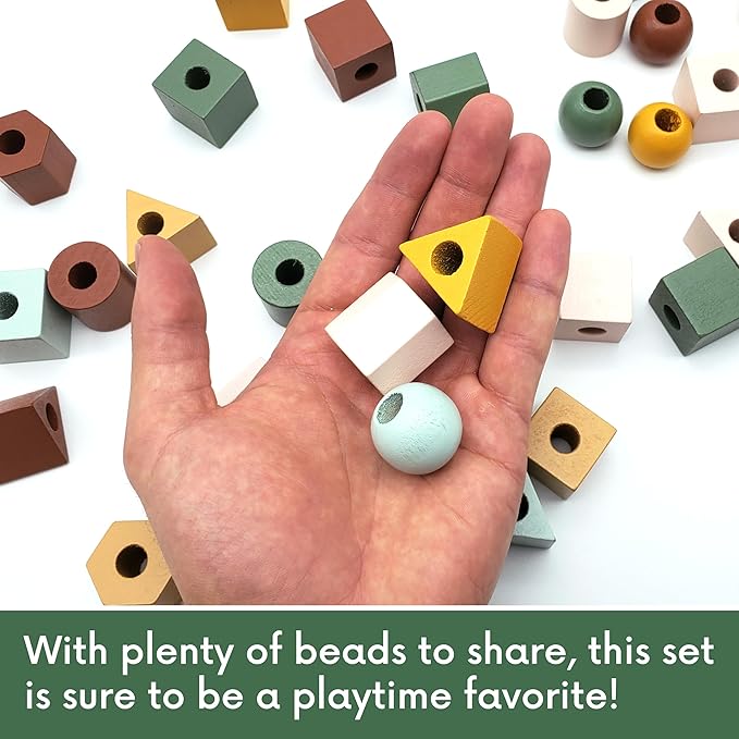 Wooden Lacing Beads & Strings 125 Pieces, Fine Motor Skills Toys for 3 Year Old, Boho Colors