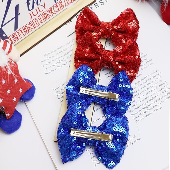 4th of July Hair Accessories: Sequin Alligator Clips, Glitter Bows, Barrettes for Girls, Teens Gift