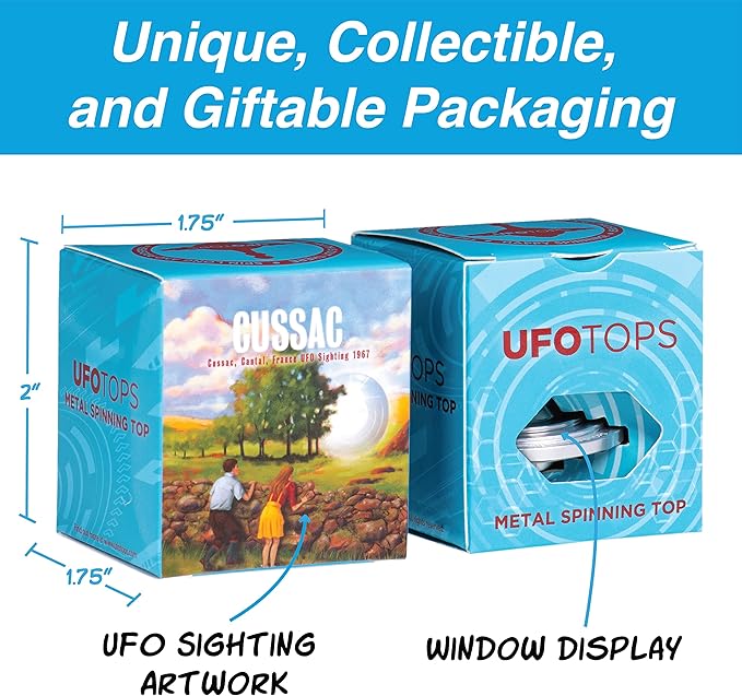 UFO Tops - Cussac - Metal Spinning Fidget Toy Top - Inspired by The Documented 1967 UFO Sighting in Cussac, France (Cosmic Silver)