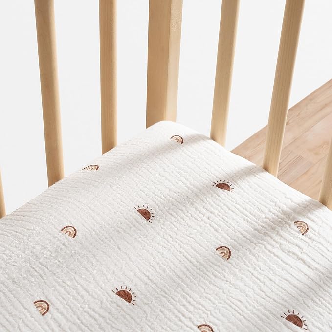 Meracorallo Muslin Mini Crib Sheet, Pack n Play Fitted Sheet, Soft and Breathable Pack and Play Playard Mattress Sheet for Baby Boys and Girls, Sun Rainbow
