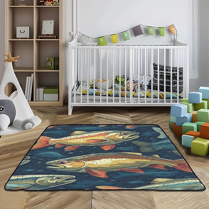 Trout Fish Watercolor Baby Playmat Washable Playroom Crawling Mat Non-Slip Play Mats for Floor 50x50 Mat
