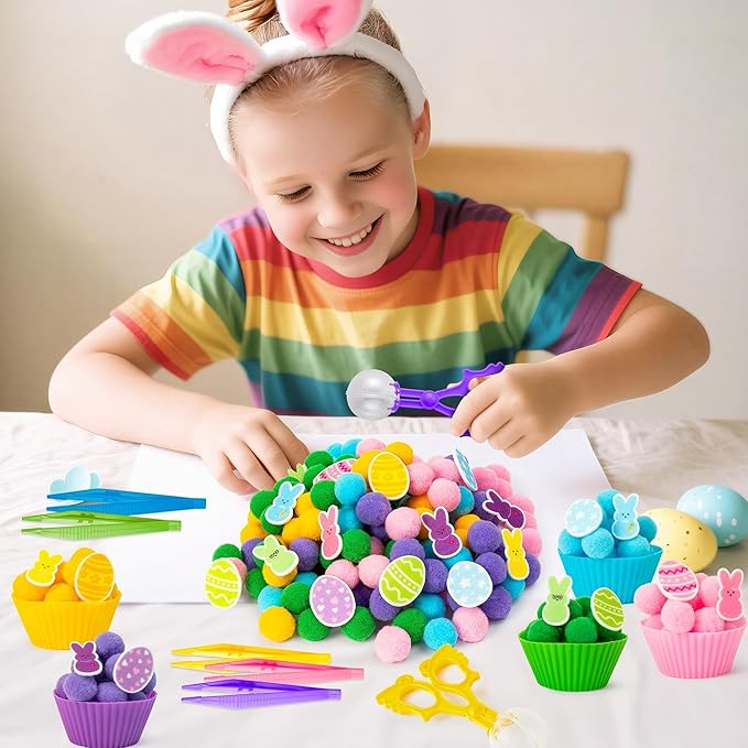 EZdhuawuse Summer Sensory Bin Fillers Toys for Kids - 268 Summer Egg Bunny Fine Motor Toys Birthday Gift, Counting Sorting Toys with Felt Egg Rabbit Pom Pom Cup Clips, Preschool Learning Activitie