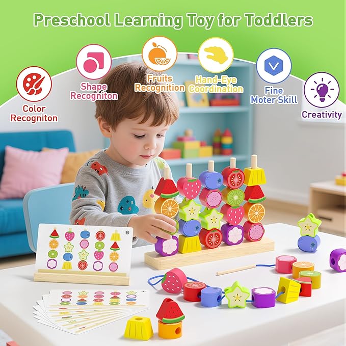 Melofaver Montessori Toys for 3 4 5 Year Old, Wooden Fruit Toddler Stacking Toys, Stacking Blocks & Lacing Beads & Shape Sorter Toy for Toddler, STEM Preschool Learning Toys for Kids Boys Girls