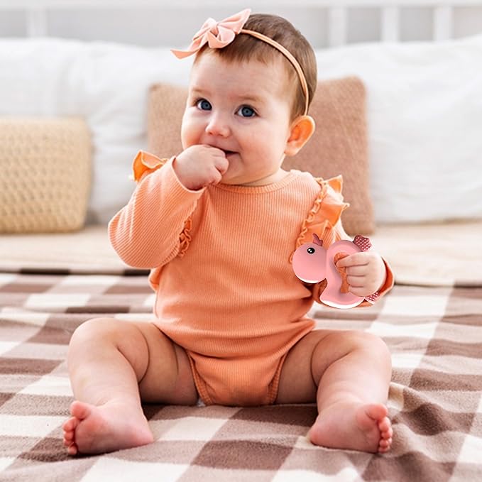 [BabyBite] Baby Teething Toys Cute Duck Teether for Sensory and Developmental Play for Baby and Toddler 100% BPA Free Food Grade Silicone (Pink)