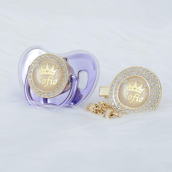 Personalized Name Bling Rose Gold Pacifier and Clip Set Ideal Gift for Baby Shower New Born Photoshoot & Keepsake (Metallic Purple)