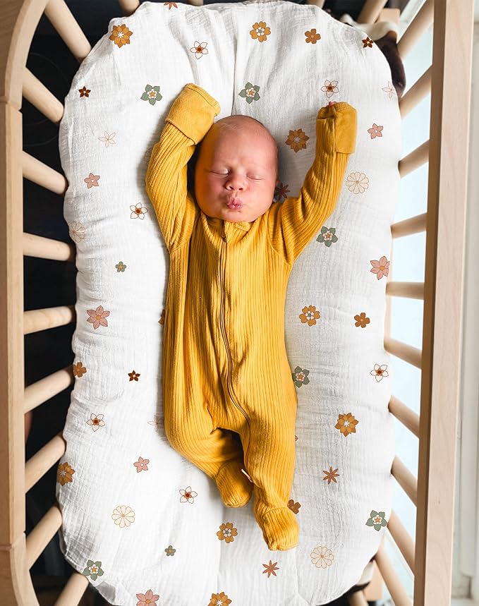 Muslin Baby Lounger Cover, Soft Breathable Newborn Lounger Pillow Cover for Boys Girls Infant (Flower-B)