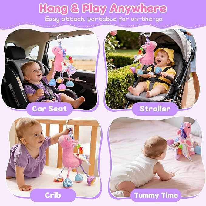 Car Seat & Stroller Toy for Girl - Musical Sensory Plush with Rattle & Mirror Baby Toys 0-12 Months Hanging Travel Carseat Toys Soft Squeaky Stuffed Animal Unicorn for Babies Gifts