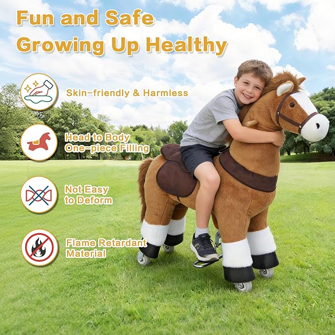 Ride on Horse Toys for Kids, Ride on Toy for 4 to 9 Years Old, 36.6'' Height Riding Horse Rider Mechanical Walking Action Plush Animal, No Battery or Electricity, Max Load 165LBS - Brown