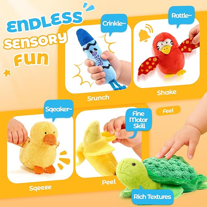 JoyCat Montessori Baby Toys 6-12 Months, 12 PCS Sensory Color Sorting Boxes with Animal Fruit Crinkle Crayon Pushies, First Learning Toys for 1 Year Old Baby Toys 0-12 Months