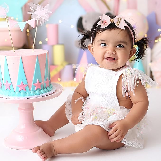 Birthday Girl bow for Baby Girls - 1st Birthday Pink Bow Headdress,Gold Glitter Birthday Bow Headband Flowers,Photo Props