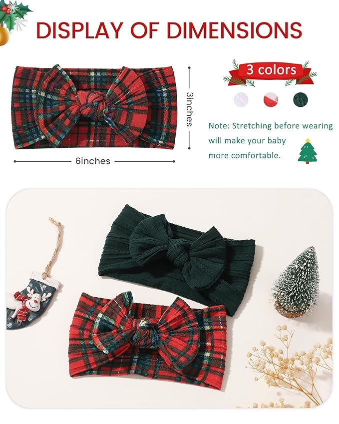 jollybows 3 PCS Baby Girls Headbands Soft Stretchy Nylon Hair Bows Handmade Bows for Baby Girls Infants Newborn Toddlers Kids - White, Dark Green, Christmas Red Grid