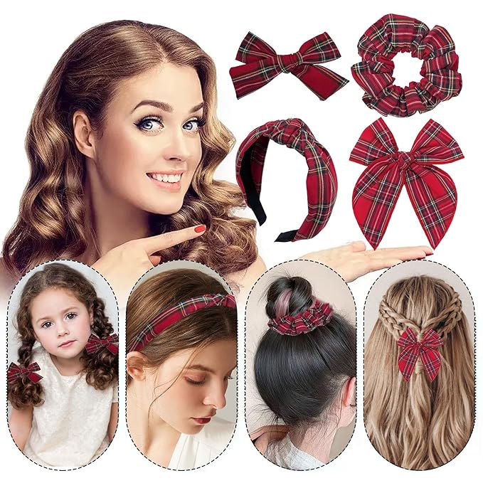 5 Pcs Plaid Headband Set - Padded Scrunchies Bow, Christmas Hair Clips Accessories for Girls (Red)