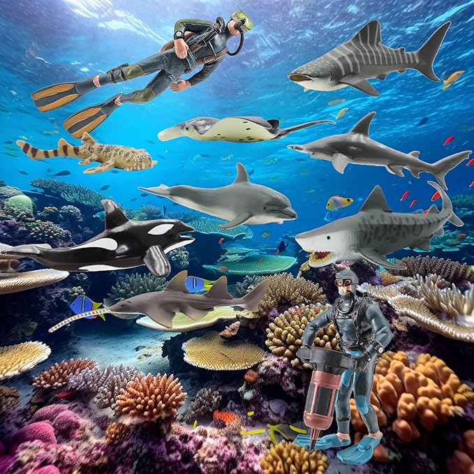 Gemini&Genius 10 Pcs Shark Toys- 5-6" Ocean Sea Animals Pool Bath Tub Toys, Realistic Shark Figurines Set for Kids, Cake Toppers, Party Favor Gifts for Kids & Toddlers