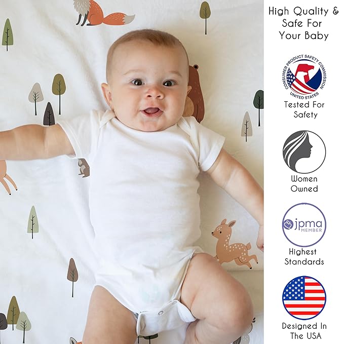 Sweet Jojo Designs Baby Play Mat (Woodland Animals) for Girls and Boys, Infant, Toddler Tummy Time Activity Floor Playmat (Sage Green, Watercolor, Forest Animal Friends, Brown Bear, Fox, Deer, Leaves)