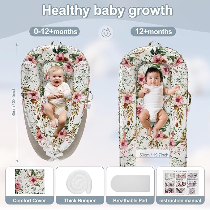 Baby Lounger for Newborn (0-24 Months)-100% Cotton Baby Nest Adjustable Size, 2-in-1 Play Mat & Diaper Changing Pad, Portable for Home&Travel, Infant Essentials Gifts(Grey-Edged Flower Bouquet)