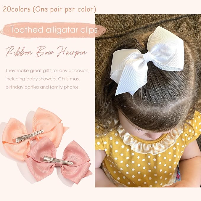 4 inch Hair Bows for Girls in Pairs, 40 Colors Grosgrain Ribbon Bow with Alligator Hair Clips for Baby Girls Toddlers and schoolgirls.