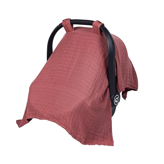 Meracorallo Muslin Baby Car Seat Cover, Lightweight Breathable Soft Infant Carrier Cover Carseat Canopy for Baby Boys and Girls, Earthy Red