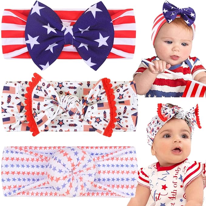 VOBOBE 4th of July America Flag Baby Headbands Cheer Bow, Baby Girls Red White Blue Star Spangled Patriotic Hair Bow for Newborns Toddlers Small Children,3 Pcs (Style B)