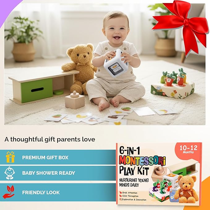 Montessori Baby Toys 10-12 Months, Montessori Toys for 1 Year Old, Baby Sensory Toys for 10-12 Month Infants - A Sliding Box, Puzzle, Switchboard, Pulling Carrots, Doll, Fruit Flash Cards