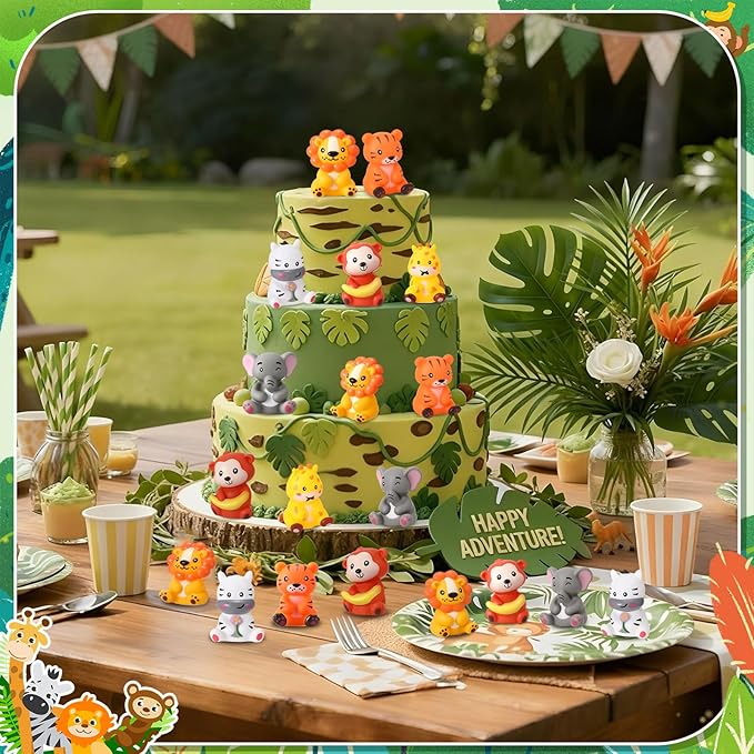 Blueweenly 24 Pcs Rubber Jungle Safari Animal Bulk Zoo Animal Figures Toys Wild Jungle Birthday Party Favors Zebra Elephant Monkey Lion Giraffe Bath Toys for Kids Birthday Baby Shower Classroom Prize