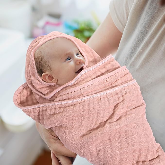 Peryiter 4 Pcs Muslin Hooded Baby Towels 32 x 32 Inch Cotton Newborn Bath Essentials Muslin Infant Blankets Absorbent Registry Gifts for Girl Boy Kids Baby Shower (Pink Series)