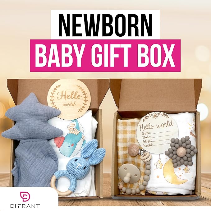 DI'FRANT® Newborn Baby Gift Box | Baby Essentials Educational Teething Toy & Soothing Crochet Rattle Set |Baby Boy Stuff 70% Bamboo & 30% Cotton | Perfect Baby Toy Full Moon Eco-Friendly (Pink Rabbit)