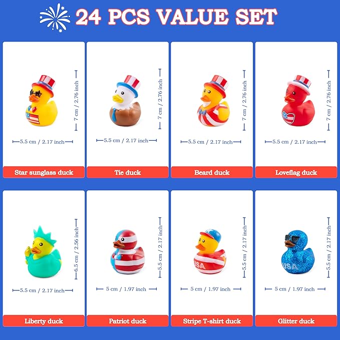 JOYIN 24 Pcs Patriotic Rubber Ducks, Red White Blue 4th of July Bulk Ducks with 8 Designs, Independence Day Duck with Flag Prints, Patriotic Party Favor Gift Bath Toy Supply for Kids Toddlers