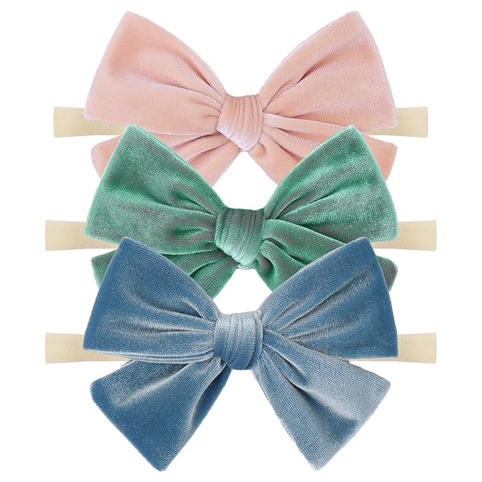 4'' Baby Velvet Gloss Bows Handmade Headbands Tied Bow Elastic Nylon Hair Accessories for Baby Girls Newborn Infant 3 Pcs Light Blue Aqua Pink