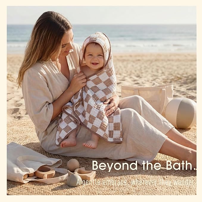 4-Pc Ultra-Soft Muslin Baby Towel Set - Bath & Beach, (Coffee Checkered, 32“x32)