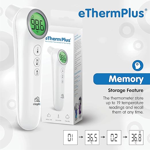 Elepho eTherm Plus Non-Contact Infrared Forehead Thermometer for All The Family; Babies to Adults – Accurate & Fast Readings in 1 Second. Large LCD Display…