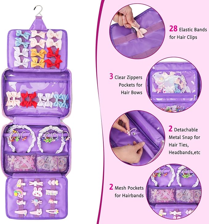 Hair Accessories Organizer for Girls, Dust-proof Baby Bow Holder, Travel Hair Storage Bag for Hair Clips, Headbands, Scrunchies and Hair Ties,Purple
