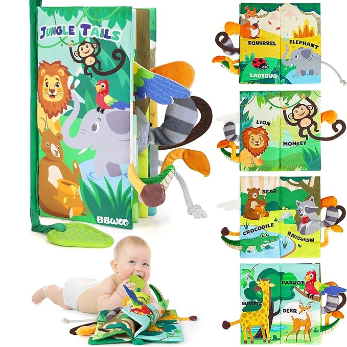 BBWOO Soft Baby Book Toy - Newborn Boy Girl Shower Gift - Tummy Time Toy for Infant 0-6 6-12 Months - Touch and Feel Sensory Crinkle Book with Teether - Baby Boy Girl Gift - Easter Basket Stuffers