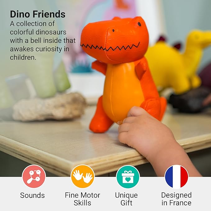 Little Big Friends Dino Friends | Stimulate the Senses with Colors, Textures & a Tinkling Bell | Vegan Leather | Easy to Clean | Rex the Tyrannosaurus