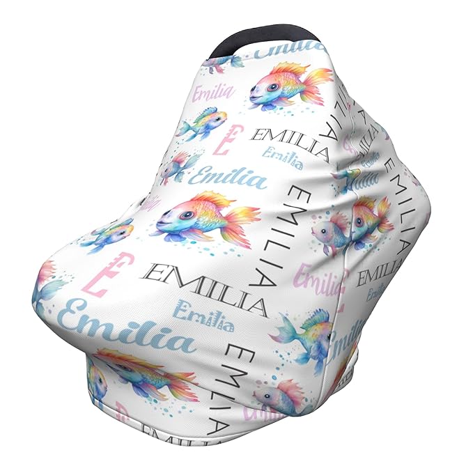 Personalized Baby Car Seat Cover with Name Stroller Canopy Custom Rainbow Fish Carseat Cover Newborn Baby Boy Girl Nursing Cover for Moms First Birthday Gift