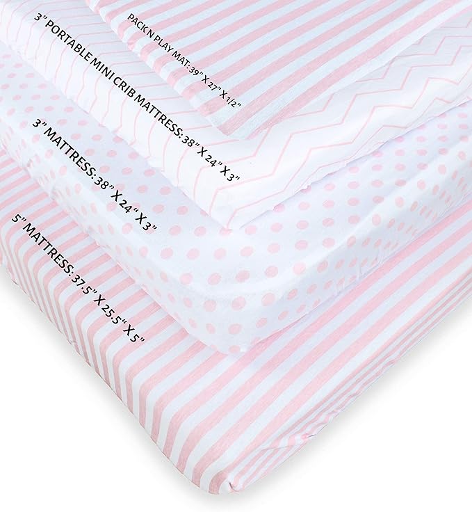 NODNAL CO. 3 Fitted Pink Mini Crib Pack n Play Playard Portable Crib Sheets Set - 100% Oeko-TEX Cotton Baby Girl Nursery Bedding - Chevron, Polka Dot, & Stripe Travel Pack and Play Playpen Sheet