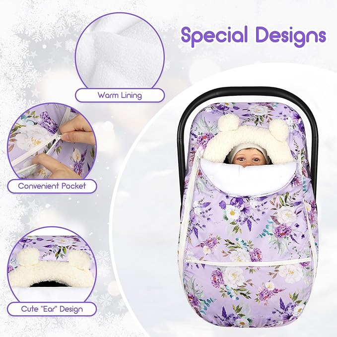 Winter Car Seat Cover Baby Girl Boy, Warm & Windproof Infant Carseat Cover Canopy Protect Baby from Cold Weather, Plush Fleece, Purple Floral