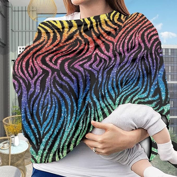 Coldinair Rainbow Zebra Print Car Seat Cover for Babies Boys Girls,Soft Stretchy Nursing Cover,Breathable Infant Carseat Canopy,Shopping Cart/High Chair/Stroller Covers